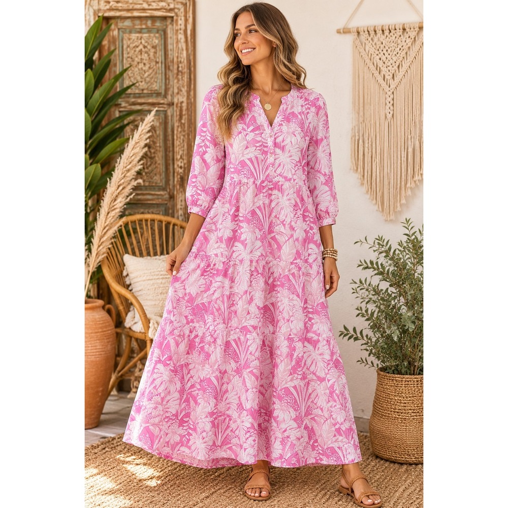 J. McLaughlin XL Pink Floral Linen Cotton Maxi Dress Tiered Boho Resort